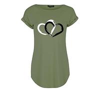 Fashion Star Women Curved Hem Twin Heart Printed Turn Up Cap Sleeve Round Neck Summer T Shirt Black & White Heart Print Khaki M/L (UK 12/14)