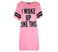 Fashion Star Women Ladies Oversized PJ Shirt I Woke Up Like This Top Baggy Tunic Night Dress Rose