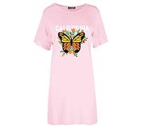 Fashion Star Women Summer Printed Basic Baggy Tunic Summer TShirt PJ Mini Night Dress California Butterfly Baby Pink Plus Size (UK 24/26)