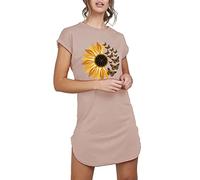 Fashion Star Women Sun Butterfly Printed Turnup Sleeve Round Neck Curved Hem Summer Tshirt Dress Sunflower Butterfly Print Stone S/M (UK 8/10)