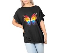 Fashion Star Womens Abstract Butterfly One Shoulder Bardot Batwing Baggy Oversized Lagenlook Basic T-Shirt Top Abstract Butterfly Black Plus Size (UK 16/18)