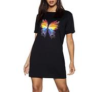 Fashion Star Womens Abstract Butterfly Printed Turn Up Sleeve Tunic Pullover Oversized Baggy T Shirt Mini Dress Black S/M (UK 8/10)