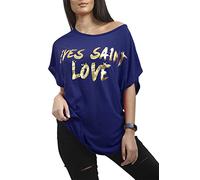 Fashion Star Womens Baggy Batwing One Shoulder Printed Summer T Shirt Top YVES Saint Love Print Navy Plus Size (UK 16/18)