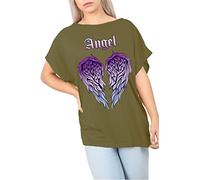 Fashion Star Womens Baggy Oversized Batwing Angel Printed Off The Shoulder Bardot T Shirt Top Khaki M/L (UK 12/14)