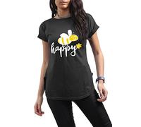 Fashion Star Womens Bee Happy Printed Curved Hem Ladies Turn Up Cap Sleeve Basic T-Shirt Top BEE Happy Black(White Print) Plus Size (UK 16/18)