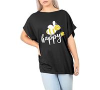 Fashion Star Womens Bee Happy Printed One Shoulder Bardot Batwing Baggy Oversized Lagenlook Basic T-Shirt Top BEE Happy Black(White Print) Plus Size (UK 16/18)