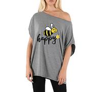 Fashion Star Womens Bee Happy Printed One Shoulder Bardot Batwing Baggy Oversized Lagenlook Basic T-Shirt Top BEE Happy Grey(Black Print) M/L (UK 12/14)