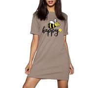 Fashion Star Womens Bee Happy Printed Turn Up Sleeve Tunic Pullover Oversized Baggy T Shirt Mini Dress Bee Happy Mocha Plus Size (UK 20/22)