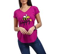 Fashion Star Womens Bee Happy V Neck Curved Hem Turn Up Cap Sleeve Jersey T Shirt Top Cerise Plus Size (UK 20/22)