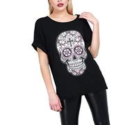 Fashion Star Womens Bones Heart Turnup Sleeve Halloween Top Pink Skull Flowers Top Black Plus Size (UK 16/18)