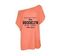 Fashion Star Womens Brooklyn USA Printed Baggy Oversized Batwing One Shoulder Bardot Basic T Shirt Tee Top Coral Plus Size (UK 20/22)