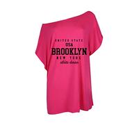 Fashion Star Womens Brooklyn USA Printed Baggy Oversized Batwing One Shoulder Bardot Basic T Shirt Tee Top Cerise Plus Size (UK 20/22)