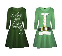 Fashion Star Womens Christmas Printed Long Sleeve Ladies Xmas Flared Swing Mini Dress 2 Combo Green Santa Costume-Naughty Girls M/L (UK 12/14)