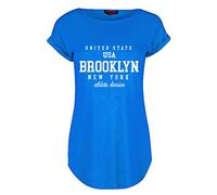 Fashion Star Womens Curved Hem Jersey Brooklyn USA Printed Top Round Neck Turn Up Cap Sleeve T-Shirt Royal Blue Plus Size (UK 20/22)