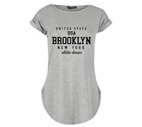 Fashion Star Womens Curved Hem Jersey Brooklyn USA Printed Top Round Neck Turn Up Cap Sleeve T-Shirt Grey Plus Size (UK 20/22)