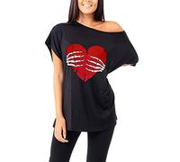 Fashion Star Womens Halloween Skull Fancy Baggy Batwing Top Heart Skeleton Black S/M (UK 8/10)