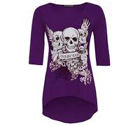Fashion Star Womens Halloween Skull Printed 3/4 Sleeve Dipped Hem Hi Lo T Shirt Top 3 Skull Purple M/L (UK 12/14)