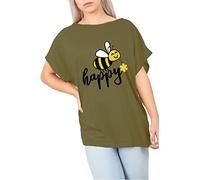 Fashion Star Womens Ladies Bee Happy Printed One Shoulder Bardot Batwing Sleeve Baggy Oversized Lagenlook Basic T-Shirt Top Khaki (Black Print) Plus Size (UK 20/22)