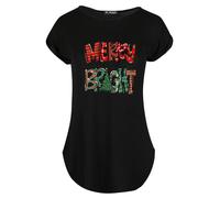 Fashion Star Womens Ladies Merry & Bright Printed Turn Up Sleeve Xmas Curved Hem T Shirt Top Merry & Bright Print Black M/L (UK 12/14)