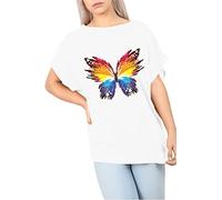 Fashion Star Womens One Shoulder Bardot Basic Baggy Oversized Batwing T Shirt Tee Top Plus Size (UK 16/18) Abstract Butterfly White