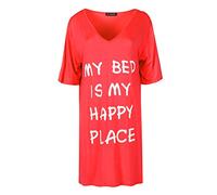 Fashion Star Womens Oversized My Bed Happy Place V-Neck Tops Red S/M (UK 8/10)