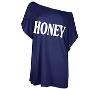 Fashion Star Womens Plain Off Shoulder Oversized Batwing T Shirt Top S/M (UK 8/10) Honey Navy/White