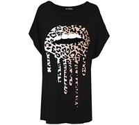 Fashion Star Womens Printed Baggy Batwing Sleeve T-Shirt Top Leopard Animal Lips Black S/M (UK 8/10)
