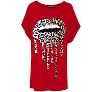 Fashion Star Womens Printed Baggy Batwing Sleeve T-Shirt Top Leopard Animal Lips Red Plus Size (UK 16/18)