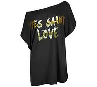 Fashion Star Womens Printed Baggy Batwing Sleeve T-Shirt Top YVES Saint Love Black M/L (UK 12/14)