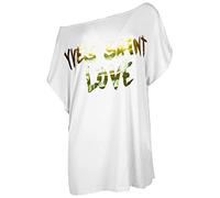 Fashion Star Womens Printed Baggy Batwing Sleeve T-Shirt Top YVES Saint Love White S/M (UK 8/10)