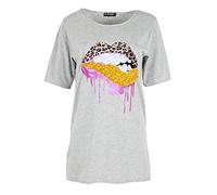 Fashion Star Womens Printed Basic Casual Baggy Oversized Tee T-Shirt Glitter Biting Lips Grey Plus Size (UK 20/22)