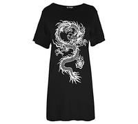 Fashion Star Womens Round Neck Nothing to Wear Oversized Baggy Loose Fit Tunic T Shirt Dress Dragon Black (White Print) Plus Size (UK 24/26)