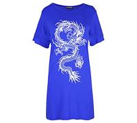 Fashion Star Womens Round Neck Nothing to Wear Oversized Baggy Loose Fit Tunic T Shirt Dress Dragon Royal Blue (White Print) S/M (UK 8/10)
