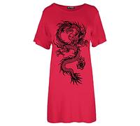 Fashion Star Womens Round Neck Nothing to Wear Oversized Baggy Loose Fit Tunic T Shirt Dress Dragon Red (Black Print) S/M (UK 8/10)