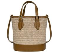 Fashion Straw Bucket Bag with Top Handle and Crossbody Strap, Versatile 2-in-1 Beach Purse for Travel, Summer Clutch for Women, Brown