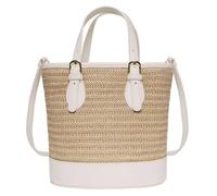 Fashion Straw Bucket Bag with Top Handle and Crossbody Strap, Versatile 2-in-1 Beach Purse for Travel, Summer Clutch for Women, White