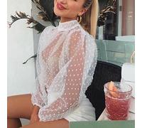 Fashion Street Style Shirt Blouse Women See Through Sheer Mesh Lapel Shirt Tops Lantern Sleeve Polka Dots Button Down