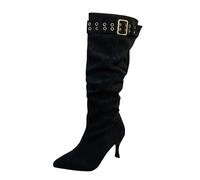 Fashion Suede Knee High Boots Pointed Toe Stiletto Heel Ankle Strap Dress Boots for Fall Winter Elegant Style Black