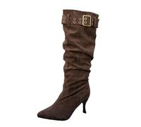 Fashion Suede Knee High Boots Pointed Toe Stiletto Heel Ankle Strap Dress Boots for Fall Winter Elegant Style Coffee