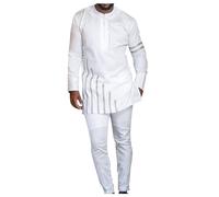 Fashion Suit Men African Clothing Traditional Ethnic Outfit 2 Piece Shirt and Pants Long Sleeve Tracksuit Attire Men's African Clothes Outfits White