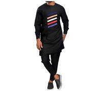 Fashion Suit Men African Clothing Traditional Ethnic Outfit 2 Piece Shirt and Pants Long Sleeve Tracksuit Attire Men's African Clothes Outfits (X3-Black, L)