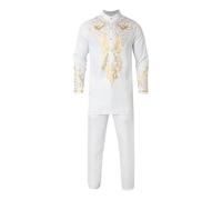 Fashion Suit Men African Clothing Traditional Ethnic Outfit 2 Piece Shirt and Pants Long Sleeve Tracksuit Attire Men's African Clothes Outfits (ZA1-White, M)