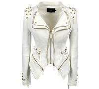 Fashion SX Women's Punk Studded Faux-alligator Print Pattern PU Leather Jackets Zipper Moto Biker Coat, White, XXL