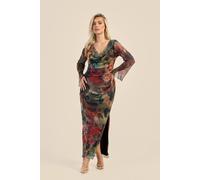 Fashion-Szn Curve Abstract Floral Cowl Neck Long Sleeve Mesh Maxi Dress In Khaki Khaki 14
