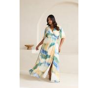 Fashion-Szn Curve Abstract Print Angel Sleeve Wrap Front Maxi Dress In Green Green 20