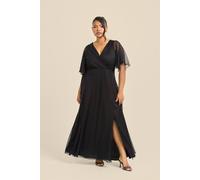Fashion-Szn Curve Angel Sleeve Wrap Front Black Mesh Maxi Dress Black 18