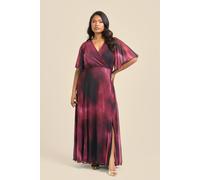 Fashion-Szn Curve Angel Sleeve Wrap Front Maxi Dress In Berry Abstract Print In Burgundy Burgundy 20