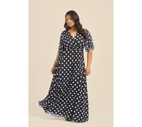 Fashion-Szn Curve Angel Sleeve Wrap Front Polka Dot Maxi Dress In Black Black 20