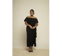 Fashion-Szn Curve Bardot Fold Over Scuba Crepe Ruffle Midaxi Dress In Black Black 26-28