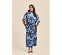 Fashion-Szn Curve Blue Abstract Print Flutter Sleeve Ruched Midi Dress Blue 24